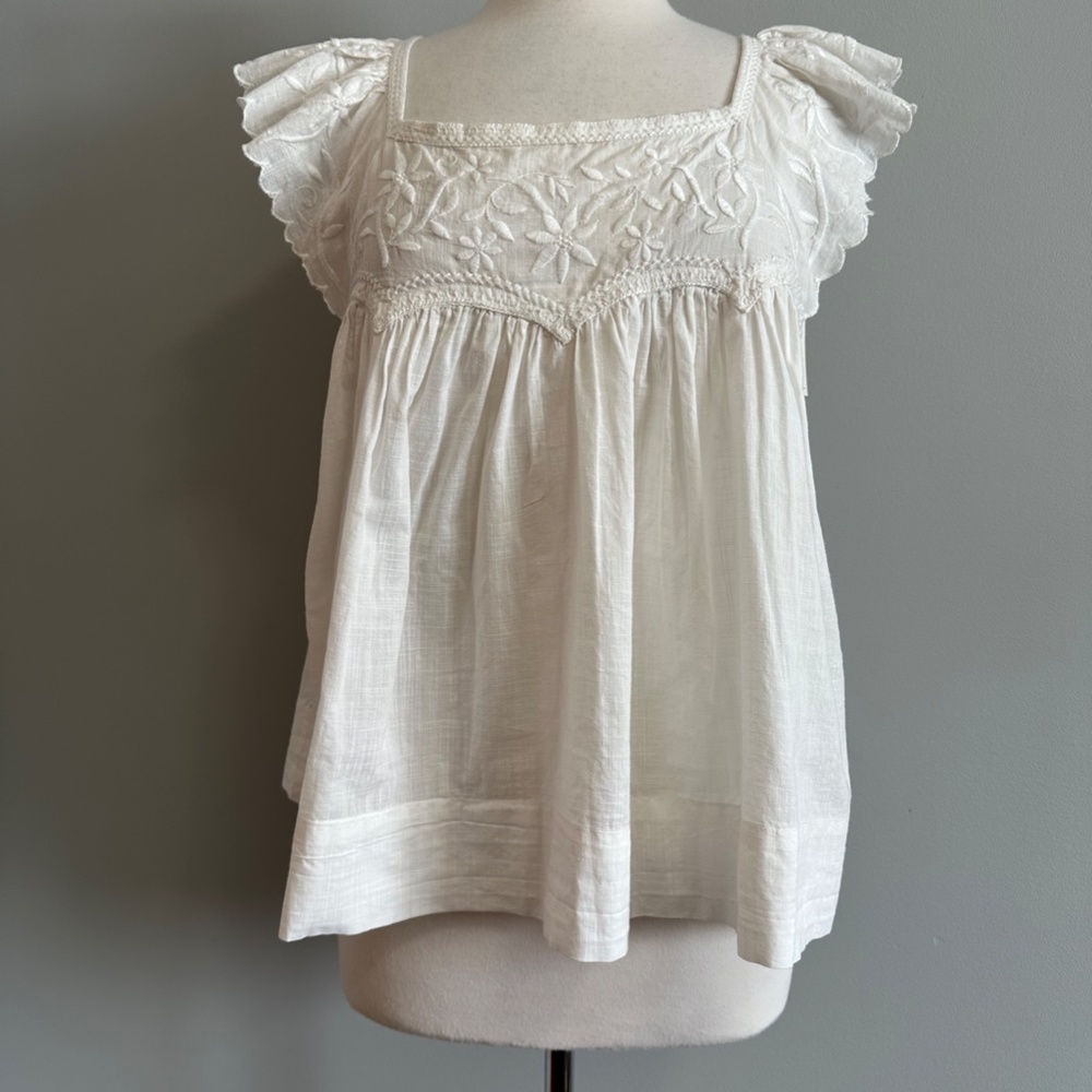 The GREAT. Women's Size 3 The Keepsake Embroidered Cap-Sleeve Top 100% Cotton